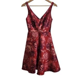 Eve Franco Dress 2 Red Purple Floral Jacquard Sleeveless V Neck Flare Mini Party